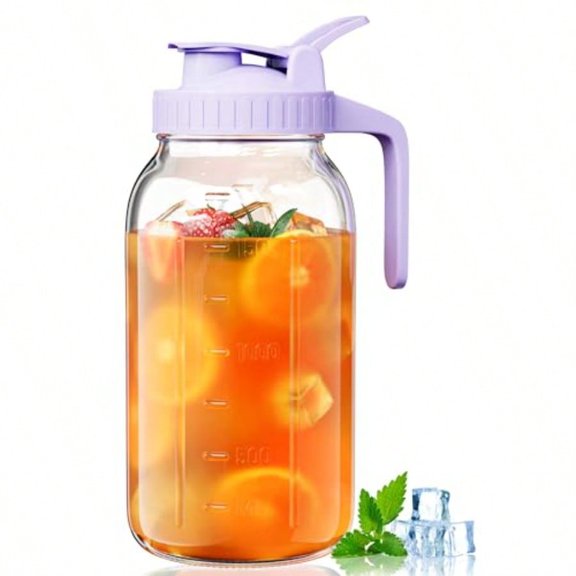 64oz Glass Mason Jar Pitcher with Lid Wide Mouth 2 Quart Leakproof Glass Water Jug for Juice Sun Iced Tea Cold Brew Coffee Milk Storage Purple