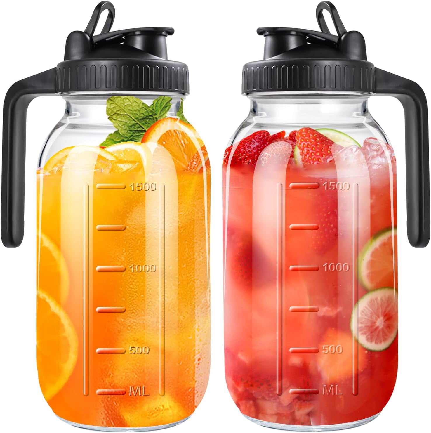 64oz Glass Pitcher With Lid and Spout - 2 Quart Mason Jar, Wide Mouth ...