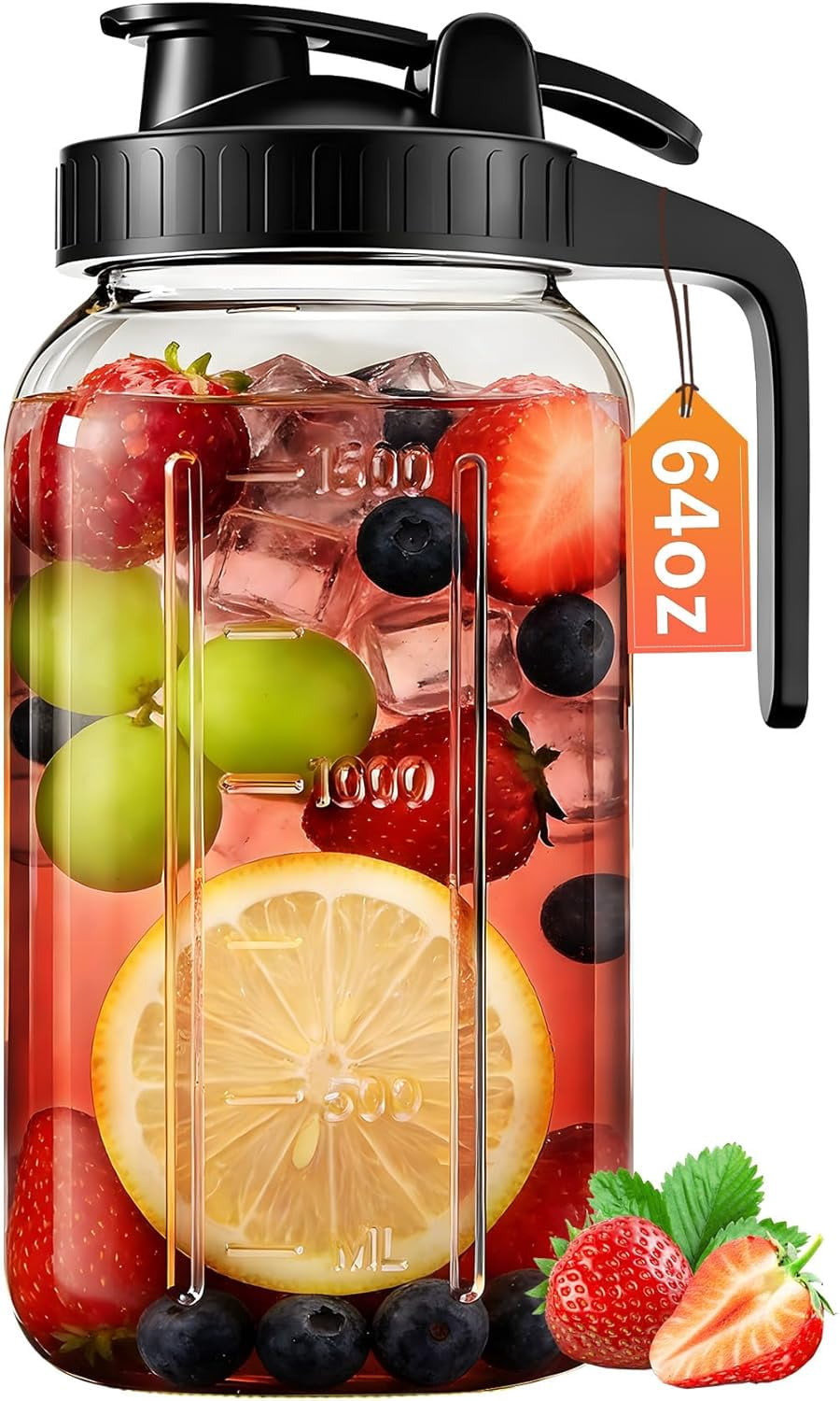 64oz Glass Pitcher with Lid & Spout – 2 Quart Mason Jars, Airtight Leakproof Breastmilk for Cold Brew Coffee, Sun Tea, Water, Juice Wide Mouth, Fridge Safe