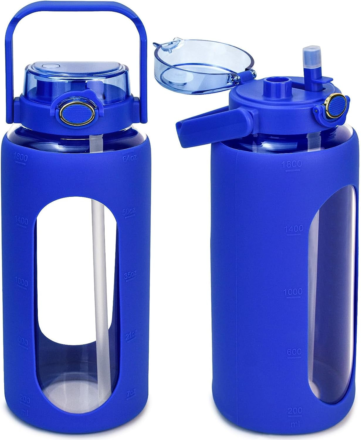 64oz Glass Water Bottle with Straw and Handle Lid, Half Gallon Motivational Glass  Bottle with Silicone Sleeve and Time Marker, Large Reusable Sports Water  Jug for Gym, Home, Workout, Blue 
