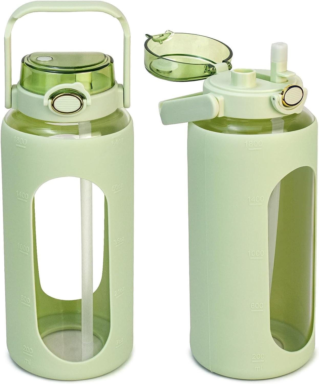 64oz Glass Water Bottle with Straw and Handle Lid, Half Gallon