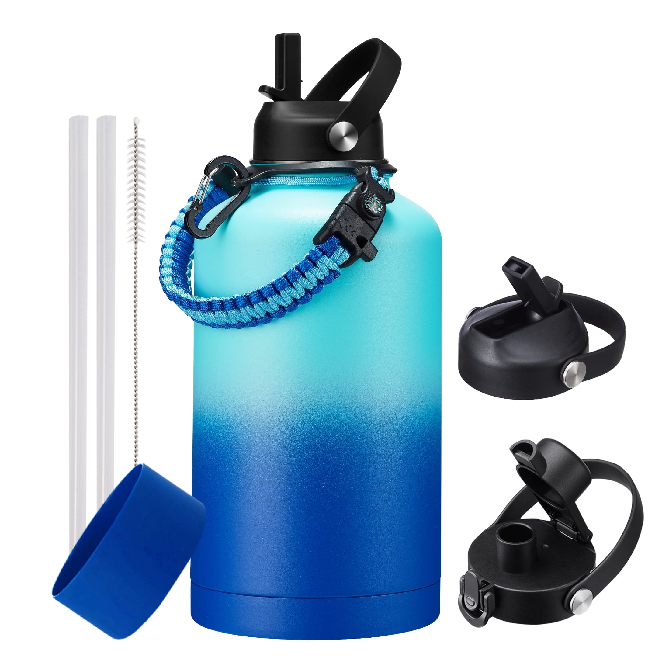 64oz Water Bottle with Straw & Spout Lid, Stainless Steel Half Gallon Jug with Paracord Handle, Cold 48H & Hot 24H