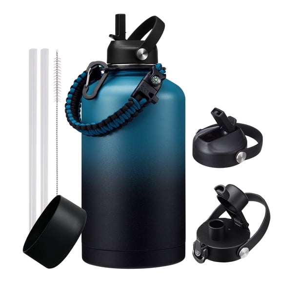 64oz Insulated Water Bottle with Straw & Spout Lids, Stainless Steel Half Gallon Jug with Paracord Handle, Leakproof, BPA-Free