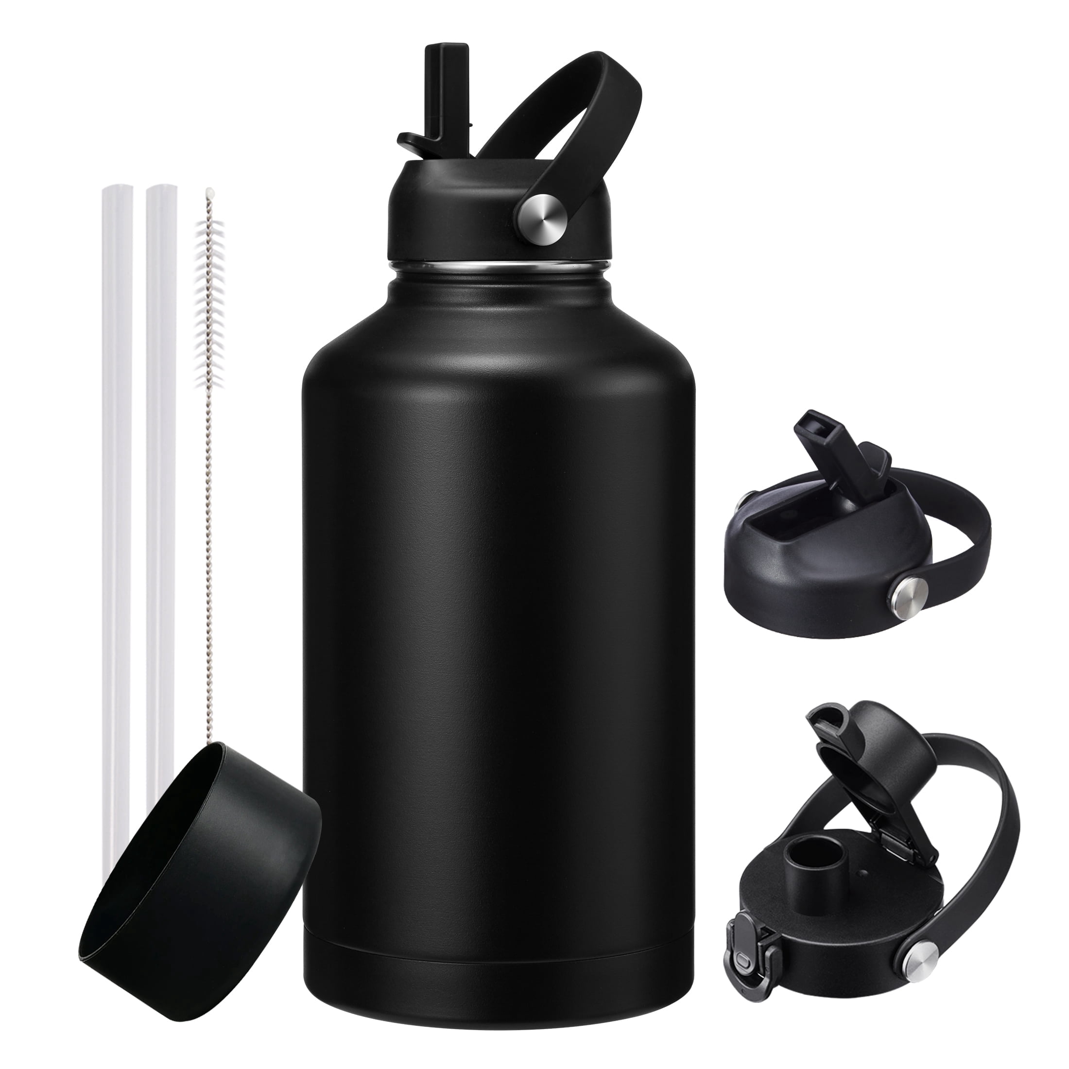 64OZ Insulated Water Bottle with Straw & Spout Lids, Half Gallon Water Jug Keeps Cold 48H & Hot 24H, Wide Mouth Leakproof Reusable Water Bottle, Black