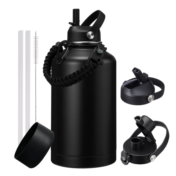 64oz Insulated Water Bottle with Straw & Spout Lids, Half Gallon Stainless Steel Jug, Leakproof, Cold 48H & Hot 24H