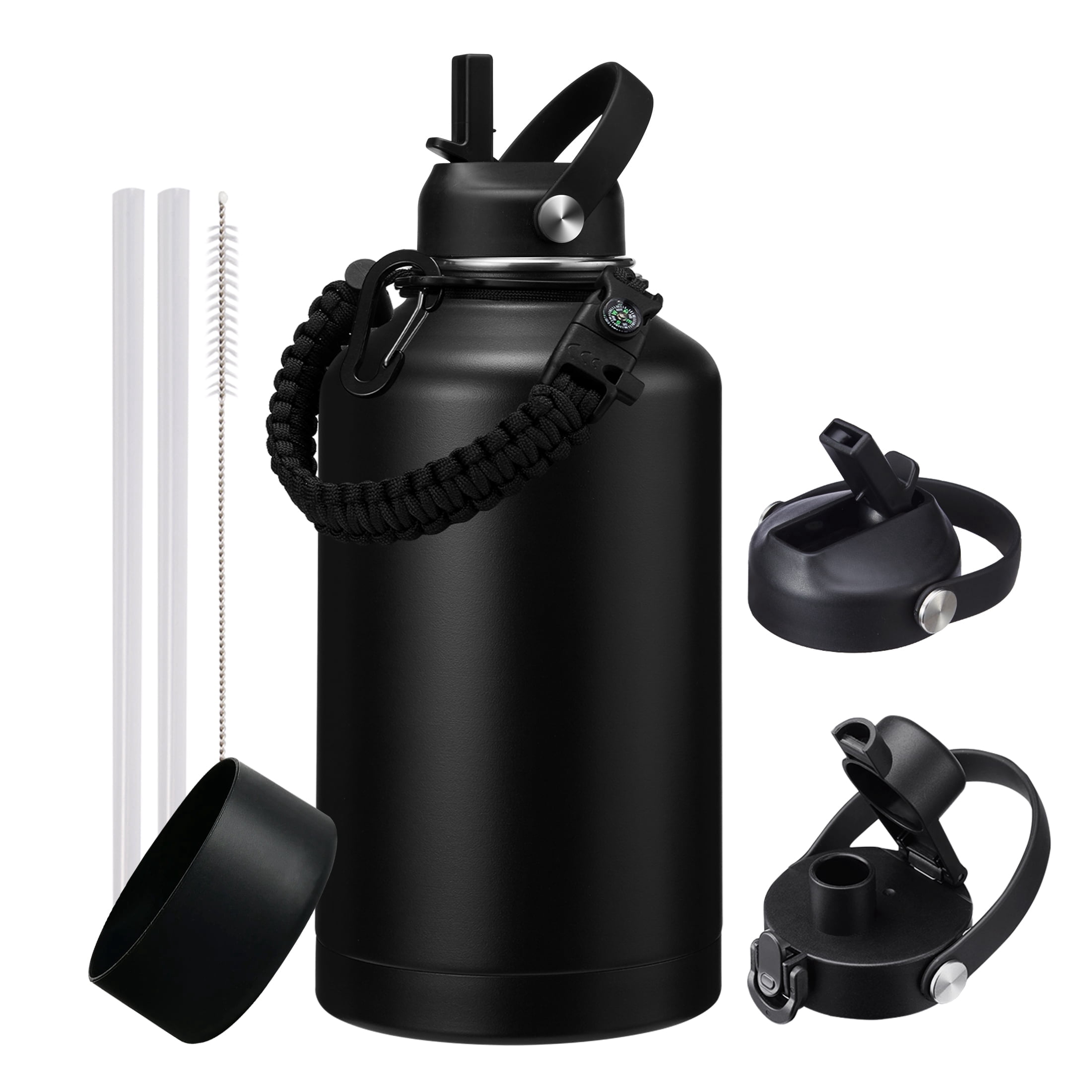 64oz Insulated Water Bottle with Straw & Spout Lids, Half Gallon Stainless Steel Jug, Leakproof, Cold 48H & Hot 24H