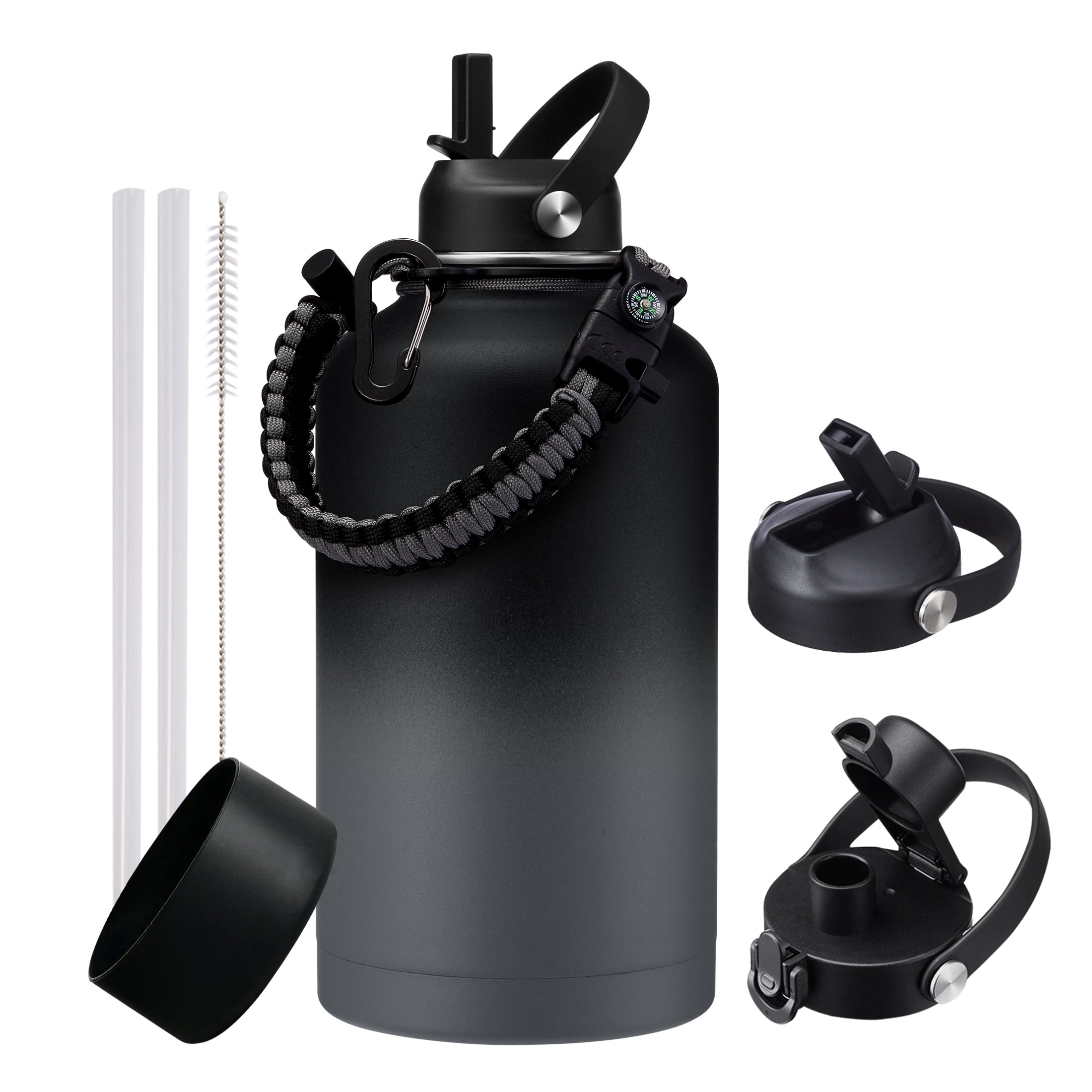64oz Insulated Stainless Steel Water Bottle, Half Gallon Jug with Straw Lid, Spout Lid & Paracord Handle, Leakproof