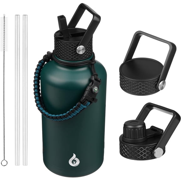 64oz Insulated Water Bottle, Half Gallon Water Jug with Straw Lid | Large Stainless Steel Vacuum Jug, Keep Cold & Hot, BPA-Free Leak-Proof with 3 Lids, Paracord Handle, for Sports Hiking Travel