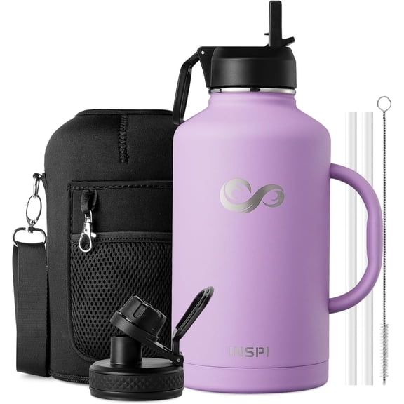64oz Insulated Water Bottle with Handle, Half Gallon Stainless Water Bottles, Travel Flask with Straw Spout Lid and Carry Pouch, Mug Tumbler Cup, Keep Cold Hot, Purple