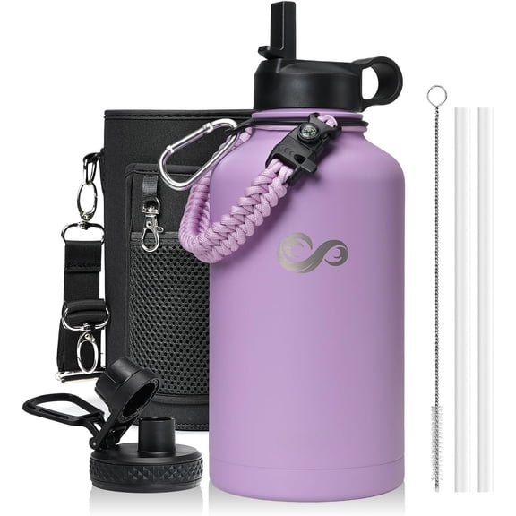 64oz Insulated Water Bottle with Paracord Handle, Half Gallon Stainless Water Bottle with Straw, Water Jug with Carry Pouch and Carabiner for School & Hiking, Keep Cold Hot, Purple