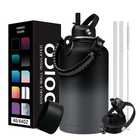 64oz Insulated Water Bottle with Straw & Auto Spout Lids & Paracord Handle,Wide Mouth Stainless Steel Water Bottles 1/2 Gallon Metal Sports Water Jug for Gym Travel Camping