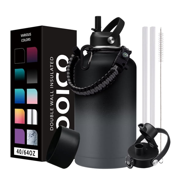 64oz Insulated Water Bottle with Straw & Auto Spout Lids & Paracord Handle,Wide Mouth Stainless Steel Water Bottles 1/2 Gallon Metal Sports Water Jug for Gym Travel Camping