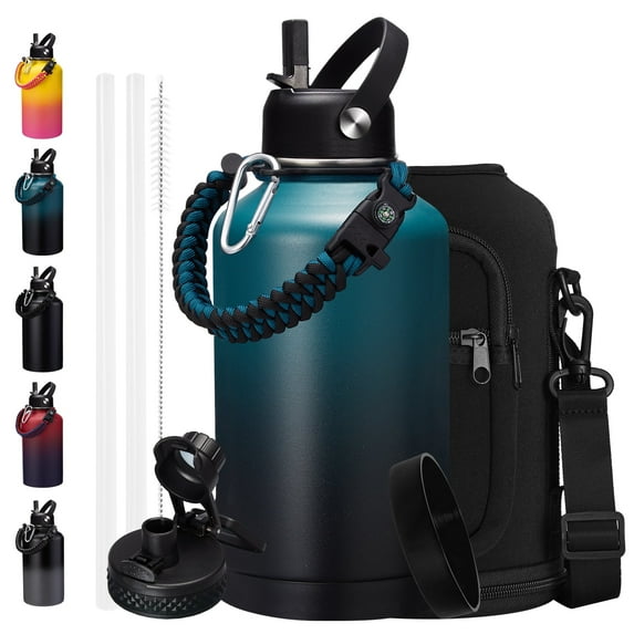 64oz Insulated Water Bottle with Straw - Spout Lid, Carrying Sleeve, Paracord Handle, Double Wall Half Gallon Stainless Steel Water Bottles Keep Cold-48h & Hot-24h, 1/2 Gallon Water Jug, Metal Flask