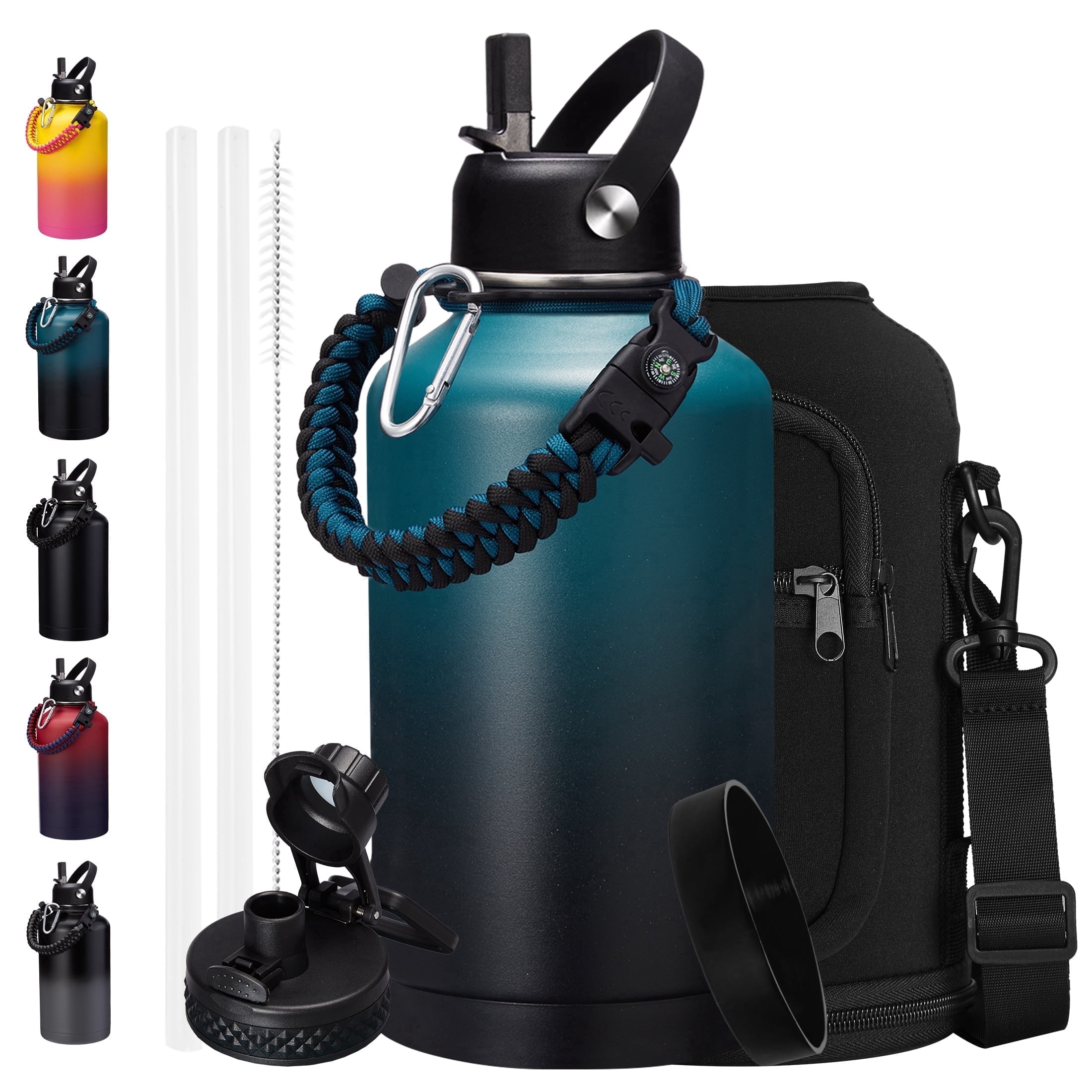 64oz Insulated Water Bottle with Straw - Auto Spout Lid, Vacuum Half Gallon Stainless Steel Bottles,Gallon Metal Jug Flask (Cold 48H & Hot 24H)
