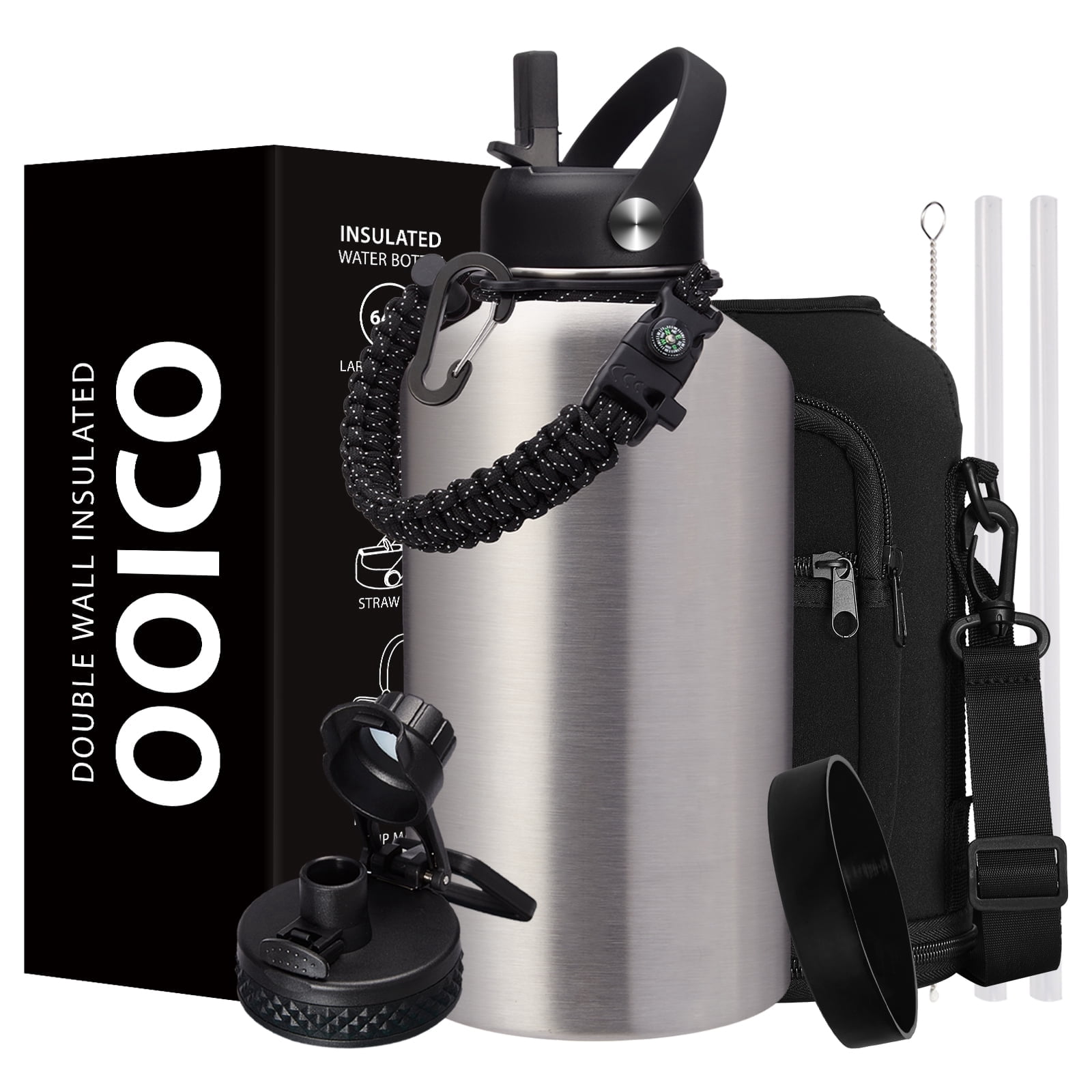 64oz Insulated Water Bottle with Straw & Spout Lids, Half Gallon Stainless Steel Water Jug, Leakproof Metal Water Bottle, Keeps Cold 48H & Hot 24H, Wide Mouth for Gym & Outdoor