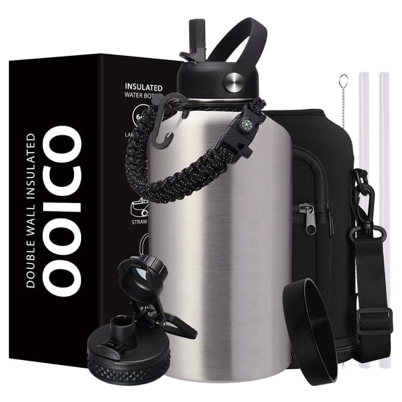 64oz Insulated Water Bottle with Straw & Spout Lids, Half Gallon Stainless Steel Water Jug, Leakproof Metal Water Bottle, Keeps Cold 48H & Hot 24H, Wide Mouth for Gym & Outdoor