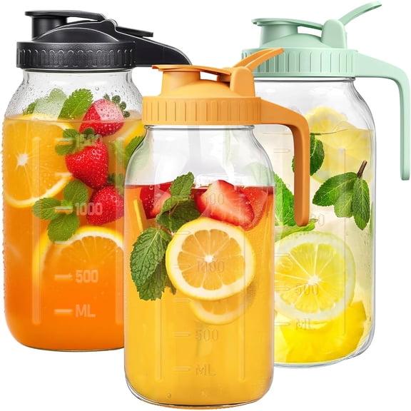 64oz Large Mason Jar Pitcher with Lid,2 Quart Airtight Glass Pitchers for Fridge, Leak-Proof Coffee Dispenser,Heavy Duty Water Container for Cold Brew Juice,Breastmilk Storage-(Black+Green+Yellow)