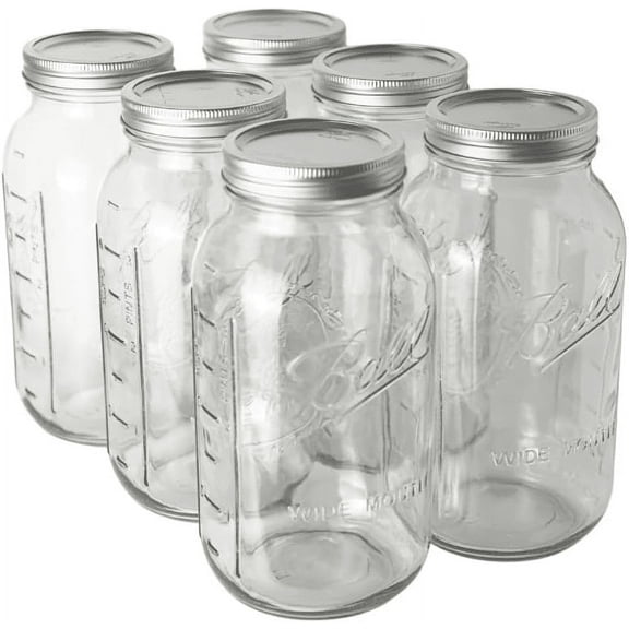 Ball - 64oz Wide Mouth Mason Jars with Lids & Bands 6-Pack Half Gallon Mason Jars Clear Glass for Kitchen Storage & Canning for Herbs, Jelly, Jams, and Spices