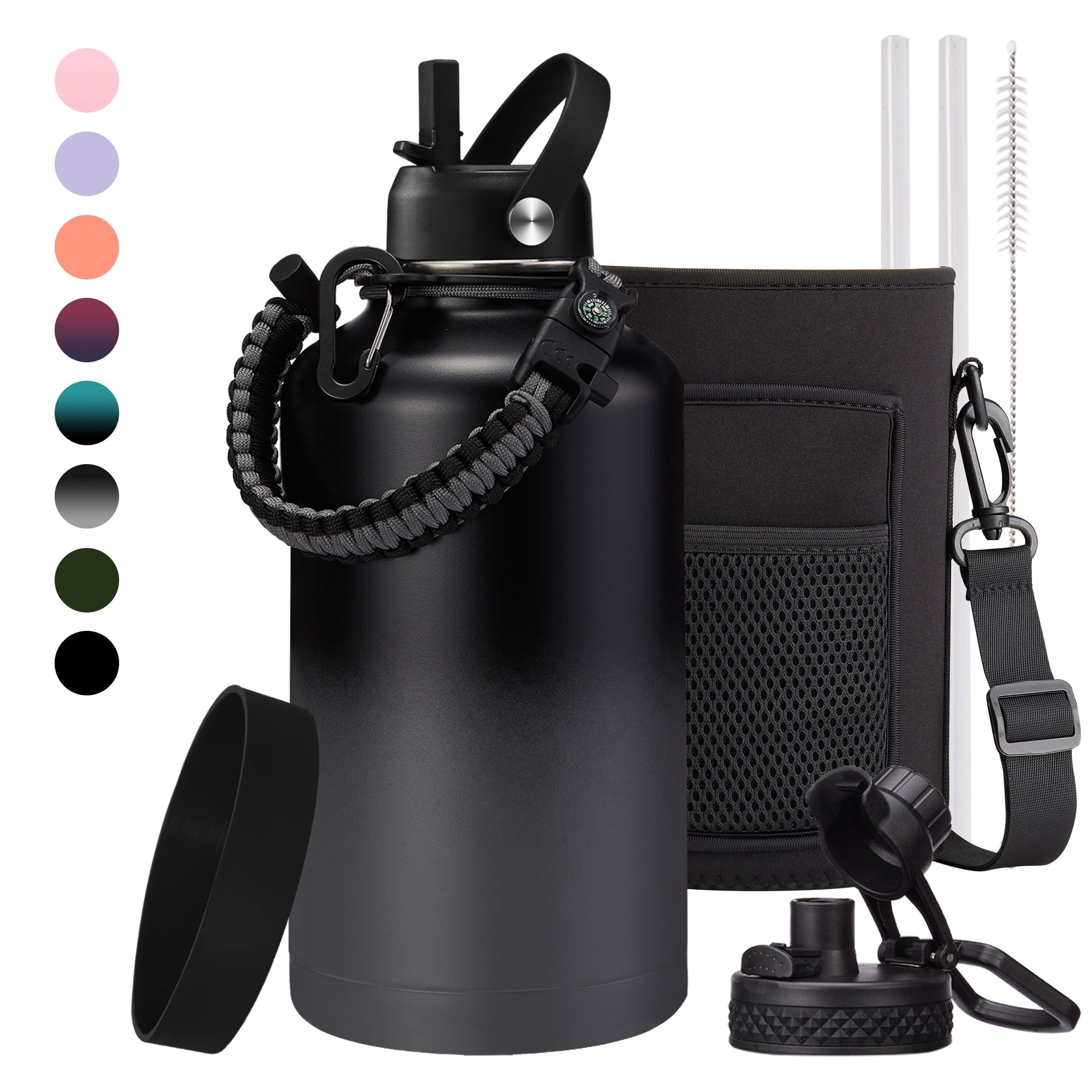 64oz Stainless Steel Water Bottle - Insulated Water Bottle with Straw & Pop Up Lid, 1/2 Gallon Water Jug with Carrier Bag, Paracord Handle, Leak Proof