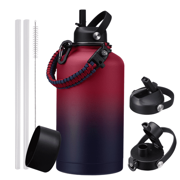 64oz Stainless Steel Water Bottle with Straw & Spout Lids, Insulated Half Gallon Jug, Cold 48H & Hot 24H, Paracord Handle