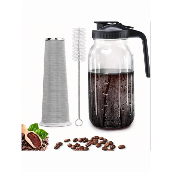 64oz Thick Glass Cold Brew Coffee Maker - Mason Pitcher With Spout Lid & Stainless Steel Filter For Iced Drinks