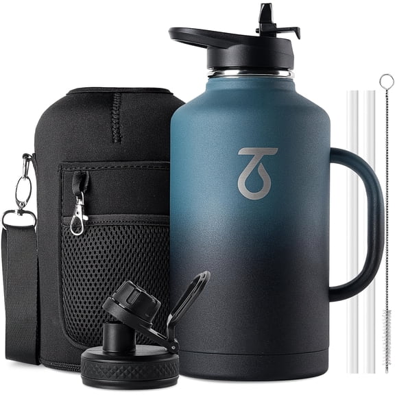 64oz Water Bottle Insulated with Handle, Half Gallon Stainless Steel Metal Large Water Jug, Travel Flask with Straw Spout Lid, Wide Mouth Mug with Carry Pouch, Keep Cold Hot