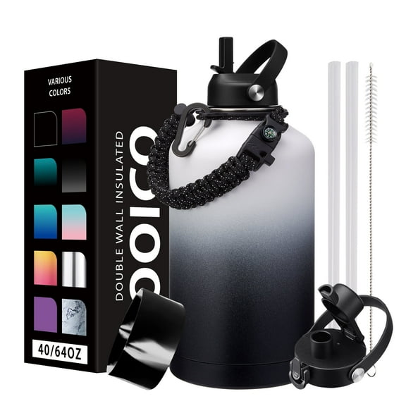 64oz Water Bottle with Spout & Straw Lids (Keep Cold 48H Hot 24H)Insulated Stainless Steel Metal Flask, Half Gallon Water Jug for Travel Gym & Hiking