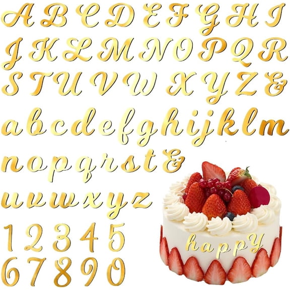 64pc Glittering Acrylic Alphabet & Number Cupcake Toppers, Shimmering Gold Letters A-Z & Digits 0-9 for Personalized DIY Cake Decorations, Perfect for Weddings, Showers, Birthdays & Special Occasion