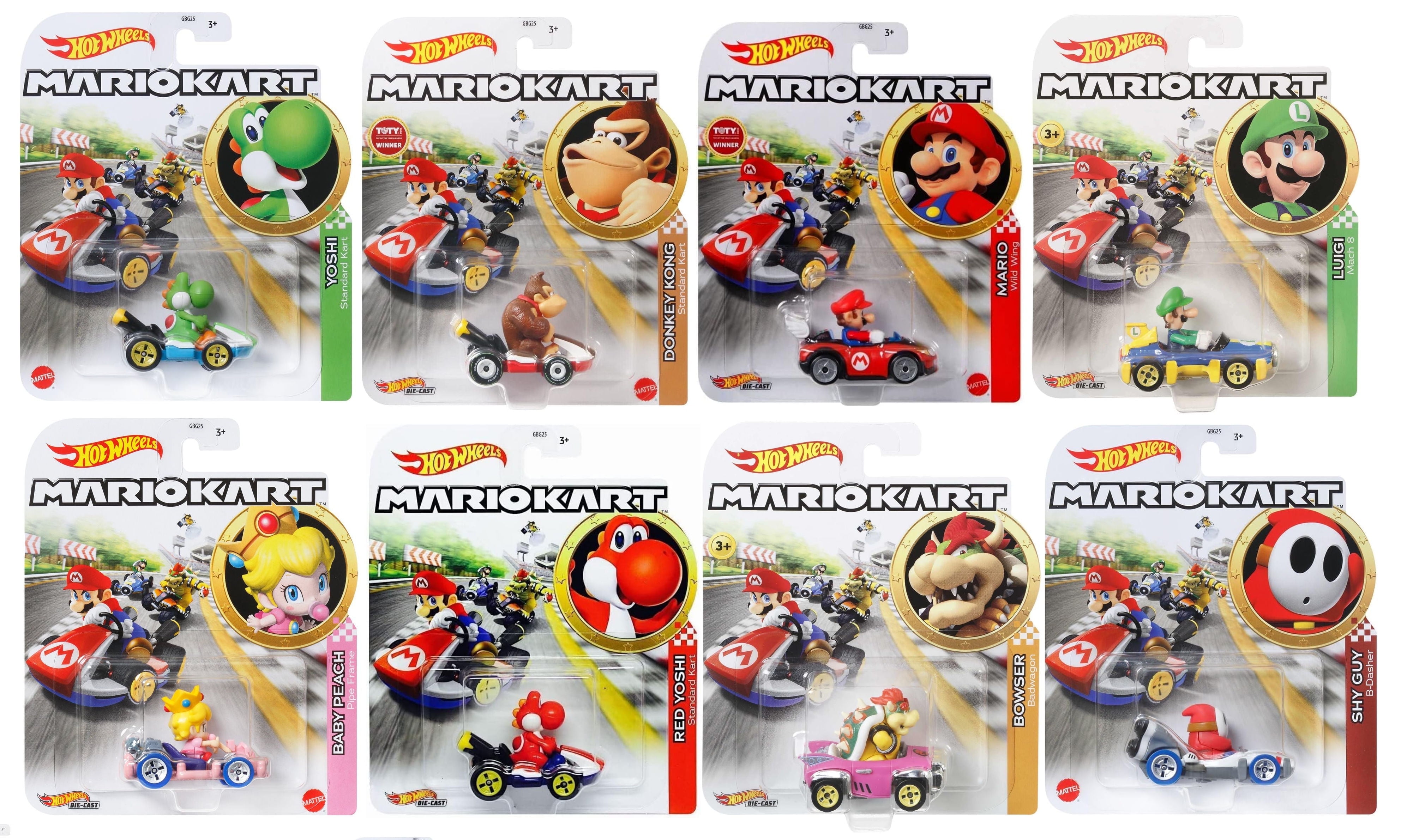 Mattel Hot Wheels Mario Kart Die‑Cast Character Cars Collection (Pack of 8) GBG25-957K – Ages 3+