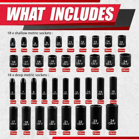 64pcs 3/8" Socket Set, SAE/Metric, Deep & Shallow, Cr-V Steel, 6 Point with Adapters