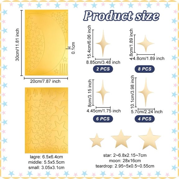 64pcs 4 Shape Gold Mirror Wall Stickers Star Moon Stickers Self-Adhesive Mirror Acrylic Craft Mosaic Tiles for Home Bathroom Kitchen Party Bedroom Decoration Fun Mirror DIY Crafts