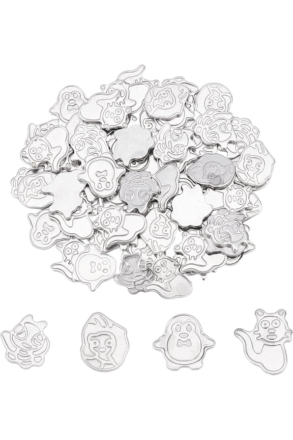 64pcs 4 Styles Cat/Penguin/Cartoon/Abstract Face Charms Stainless Steel Pendants Set Animal Enamel Setting for DIY Necklace Jewelry Making Stainless Steel Color
