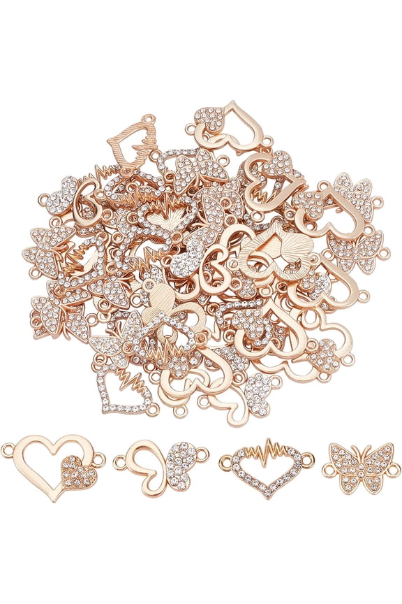 64pcs 4 Styles Heart Rhinestone Connectors Butterfly Alloy Diamond Links Love Shape Golden Butterfly 2-Holes Charms Links for DIY Crafting Jewelry Making