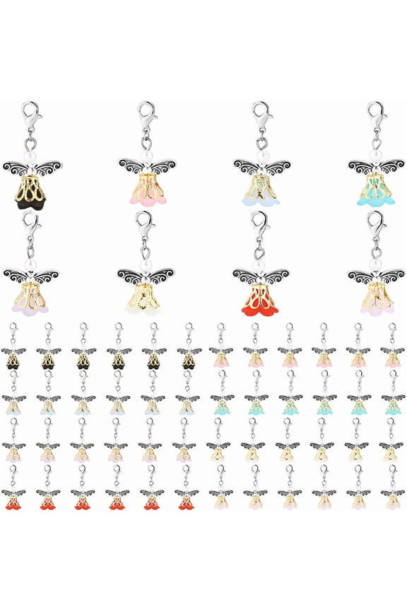 64pcs Angel Wing Charm Guardian Angel Pendant Fairy Dangle Charms with Lobster Claps Colorful Pearl Flower Beads DIY