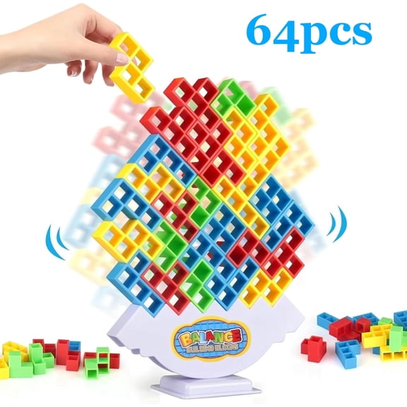 64pcs Balance Tower Game Set, Tetra Balance Tower Game Stacking Team Building Blocks for Age 3+ Kids to Adults,Funny Balance Stacking Toys for Family Games /Party Games and Travel