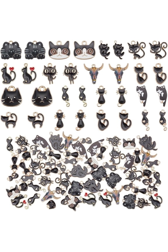 64pcs Enamel Cat Charms 16 Styles Animal Cat with Heart Pendants Gold Plated Cattle Head Pet Charms Pendants for Jewelry Earring Necklace Bracelet Keychain Making Decor