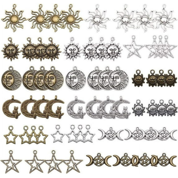 64pcs Tarot Style Sun Moon Star Charms Bulk Alloy Tibetan Crescent Moon Goddess Charms for Jewelry Making Findings Accessory Mixed DIY Necklace Bracelet Earrings Craft
