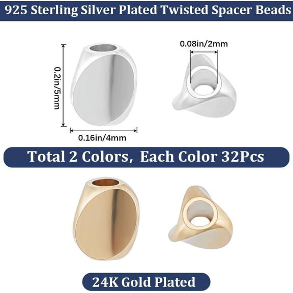 64pcs Twisted Spacers Beads Loose Tiny Bead Long-Lasting Plated Brass Beads Smooth Metal Spacers Beads Irregular for DIY Bracelet Necklace Jewelry Making Supplies 4 x 5mm-Gold Silver