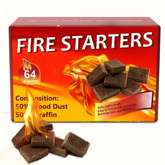 64 pcs Wood Fire Starter Squares, Universal Fit for Campfires, Grills, Outdoor Fire Pits, And Fireplaces - Easy Ignition, Odorless, Fire Starter Kit for Camping & BBQ