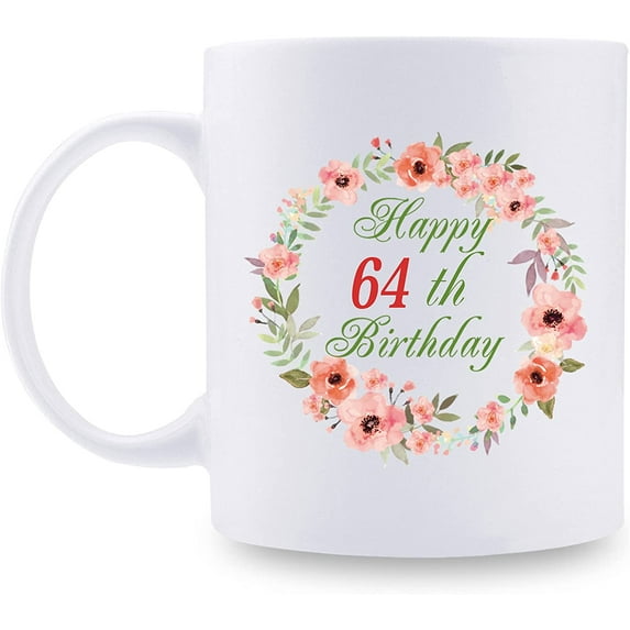 64th Birthday Gifts for Women - Happy 64th Birthday with A Garland Birthday Mug - 64 Year Old Present Ideas for Grandma, Mom, Sister, Wife, Friend, Cousin, Aunt - 11 oz Coffee Mug (64th Birthday Gift)