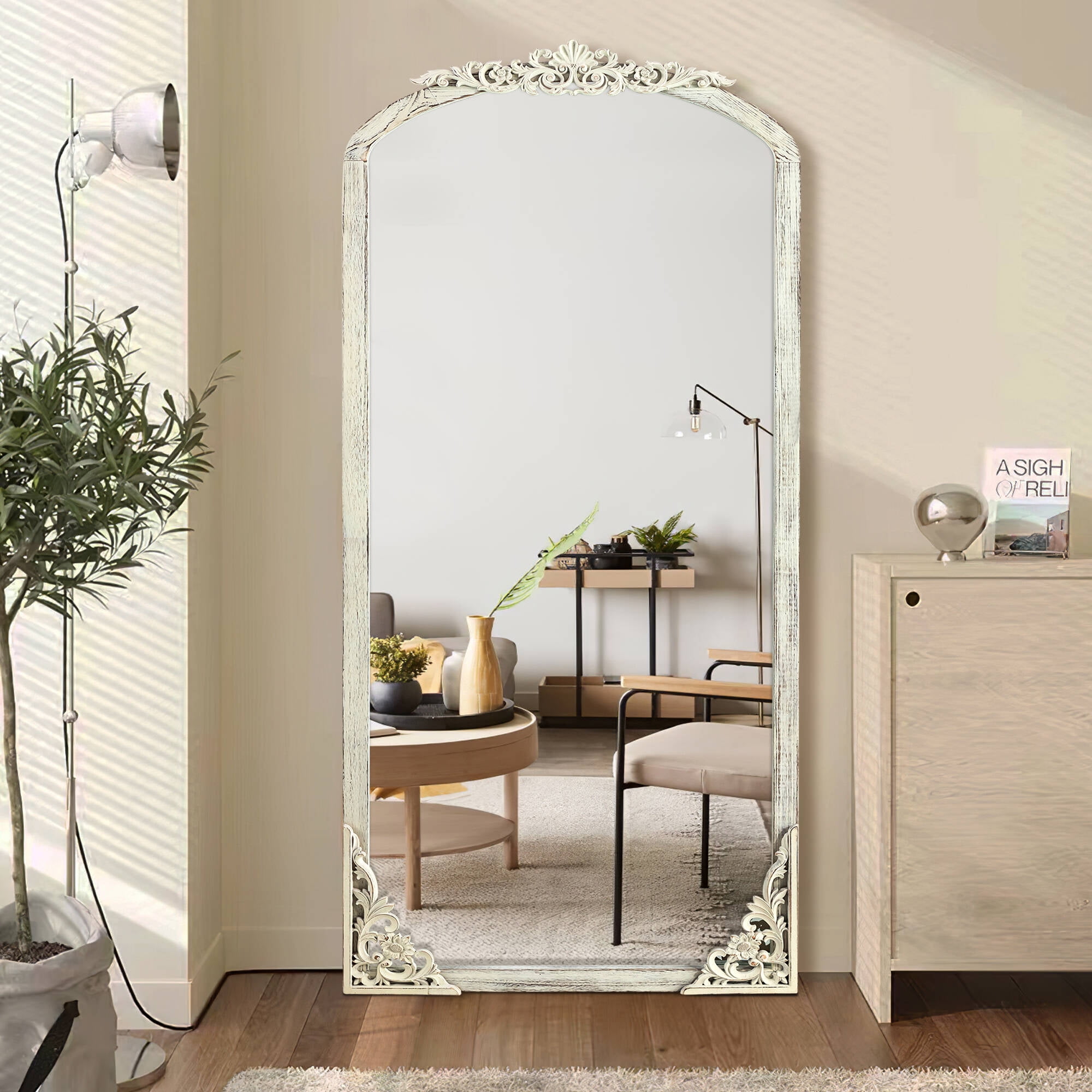 64x22 Arch Full-Length Vintage Mirror, Weathered White