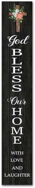 Targa in legno rustica con girasole scritta Bless This Home With Love And Laughter decorazione per porte in legno (28 x 15 cm) decorazione da parete in legno a farfalla colorata per
