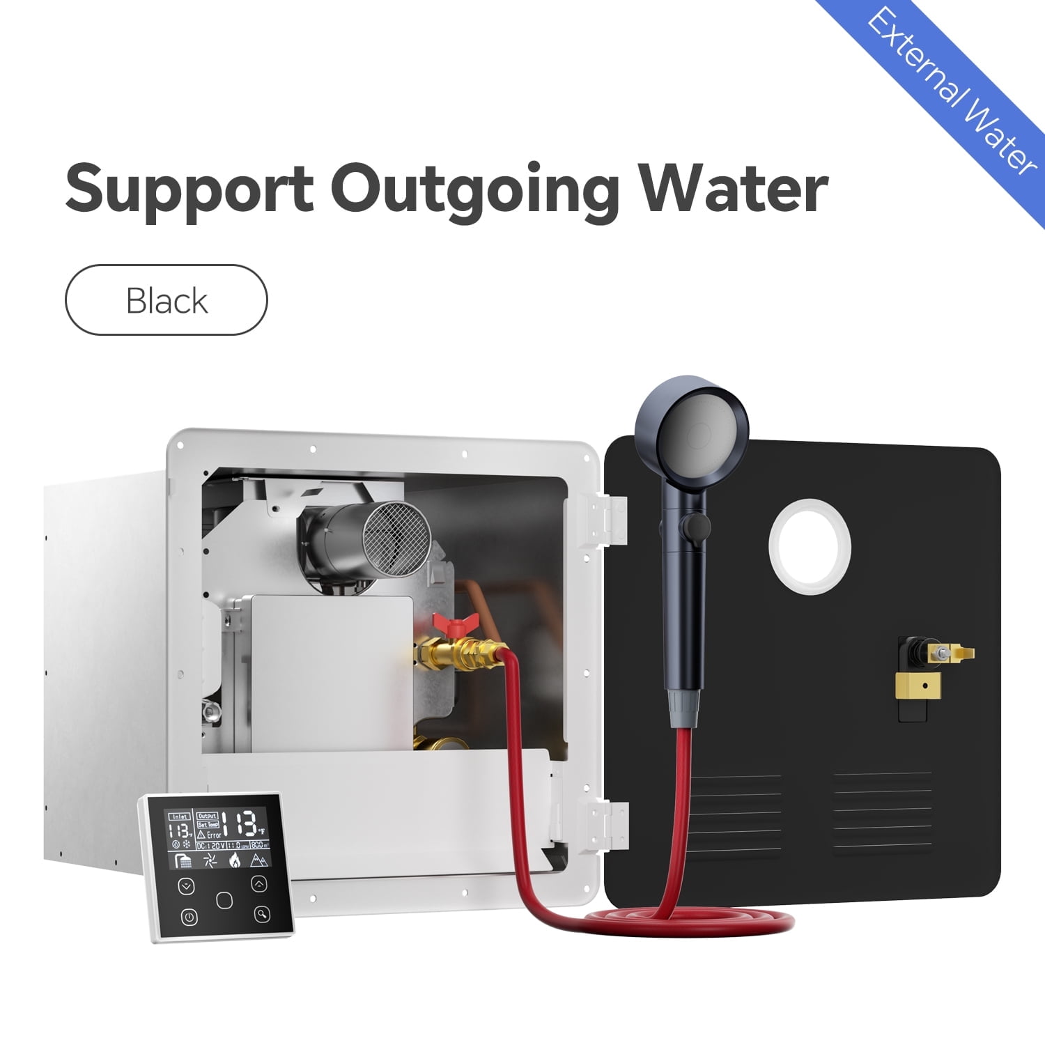65,000 BTU RV Tankless Water Heater, Updated Version, Max 3.9 GPM, with Black Door and External Shower, On Demand Instant Hot Water Heater, Start/stop Thermostat, Compatible with all RVs