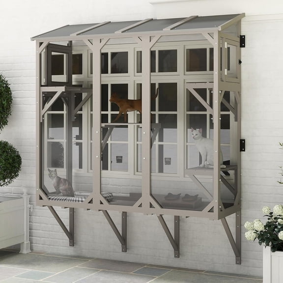 65.1" L Window Catio with 4 Jump Platforms,Mosquito-Proof Cat Window Box for Sunbathing,Napping,Overlooking,Study Outdoor Cat Enclosure Window with Waterproof Roof,Catio Window