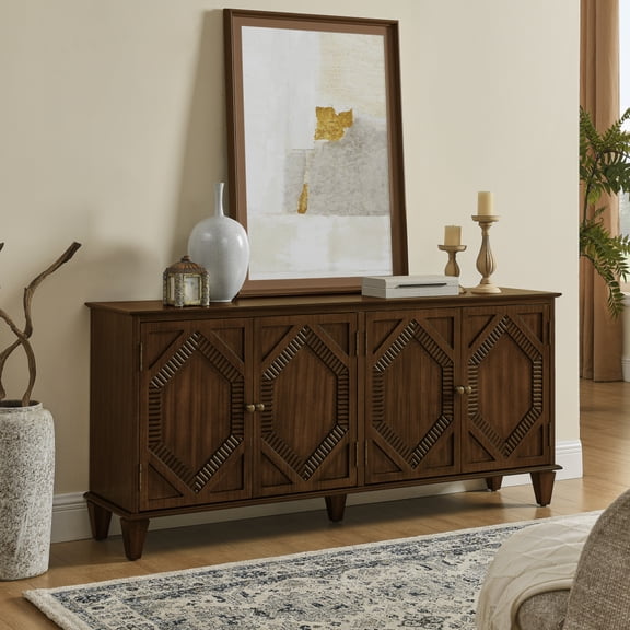 65.2" Mid Century Modern Sideboard Buffet Cabinet with Storage, Symmetrical Geometric Accent Coffee Bar Wine Bar Storage Cabinet, Large Console Table for Living Room/Entryway/Kitchen, Walnut BN.5403