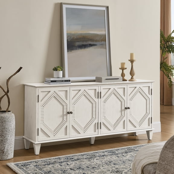65.2" Modern Sideboard Buffet Cabinet with Adjustable Shelf, Symmetrical Geometric Storage Cabinet, Large Console Table for Living Room Entryway Kitchen, Antique White