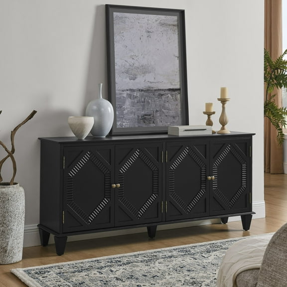65.2" Modern Sideboard Buffet Cabinet with Adjustable Shelf, Symmetrical Geometric Storage Cabinet, Large Console Table for Living Room Entryway Kitchen, Black
