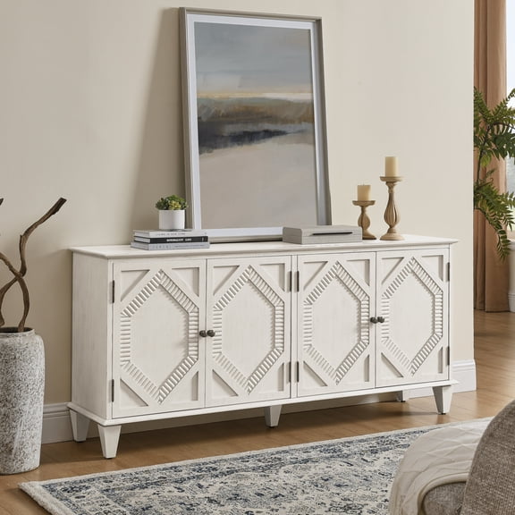 65.2" Modern Sideboard Buffet Cabinet with Storage, Symmetrical Geometric Design Accent Coffee Bar Storage Cabinet, Large Console Table for Living Room/Entryway/Kitchen, White