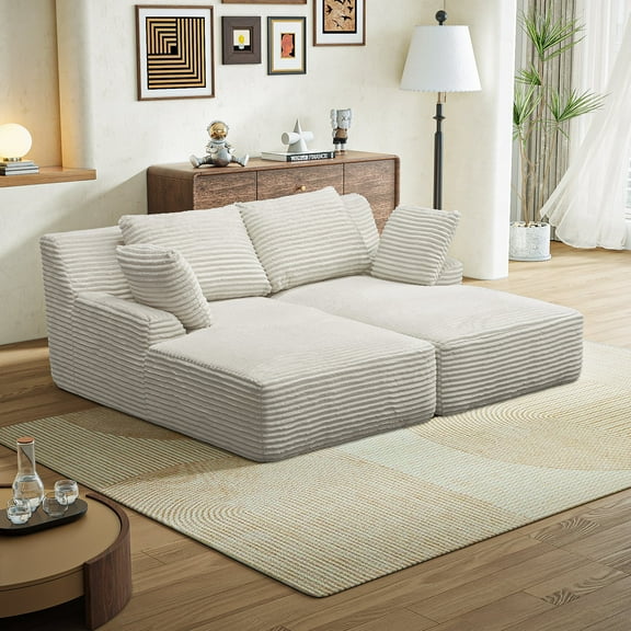 Kallabe 77.8'' Chaise Lounge Chair Sofa Bed, Oversized Double Lounge Chair, Beige Corduroy Cloud Couch, Sleeper Sofa for Living Room, Bedroom, No Assembly