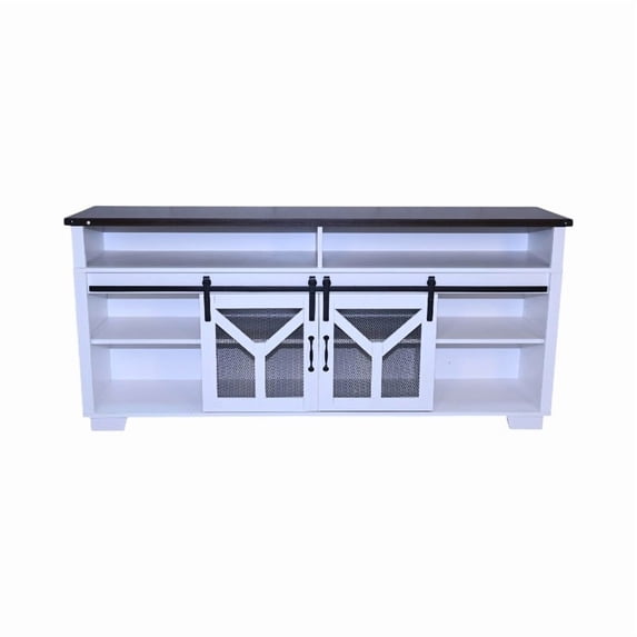 65.3" Curved TV Stand with LED Ambient Lighting & Iron Mesh Barn Doors, Y-Shaped Design, White Wood Top & Walnut Base - Supports 75" TVs